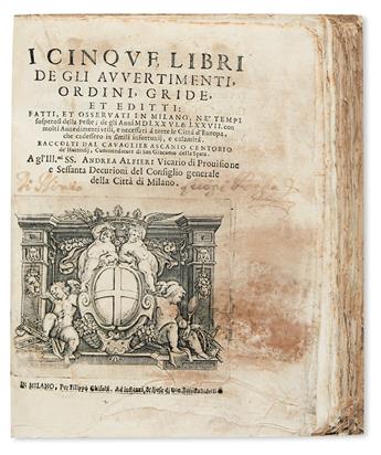 PLAGUE. Centorio degli Ortensi, Ascanio. I Cinque Libri de gli Avvertimenti [etc]. . . . in Milano nei Tempi della Peste.  1631